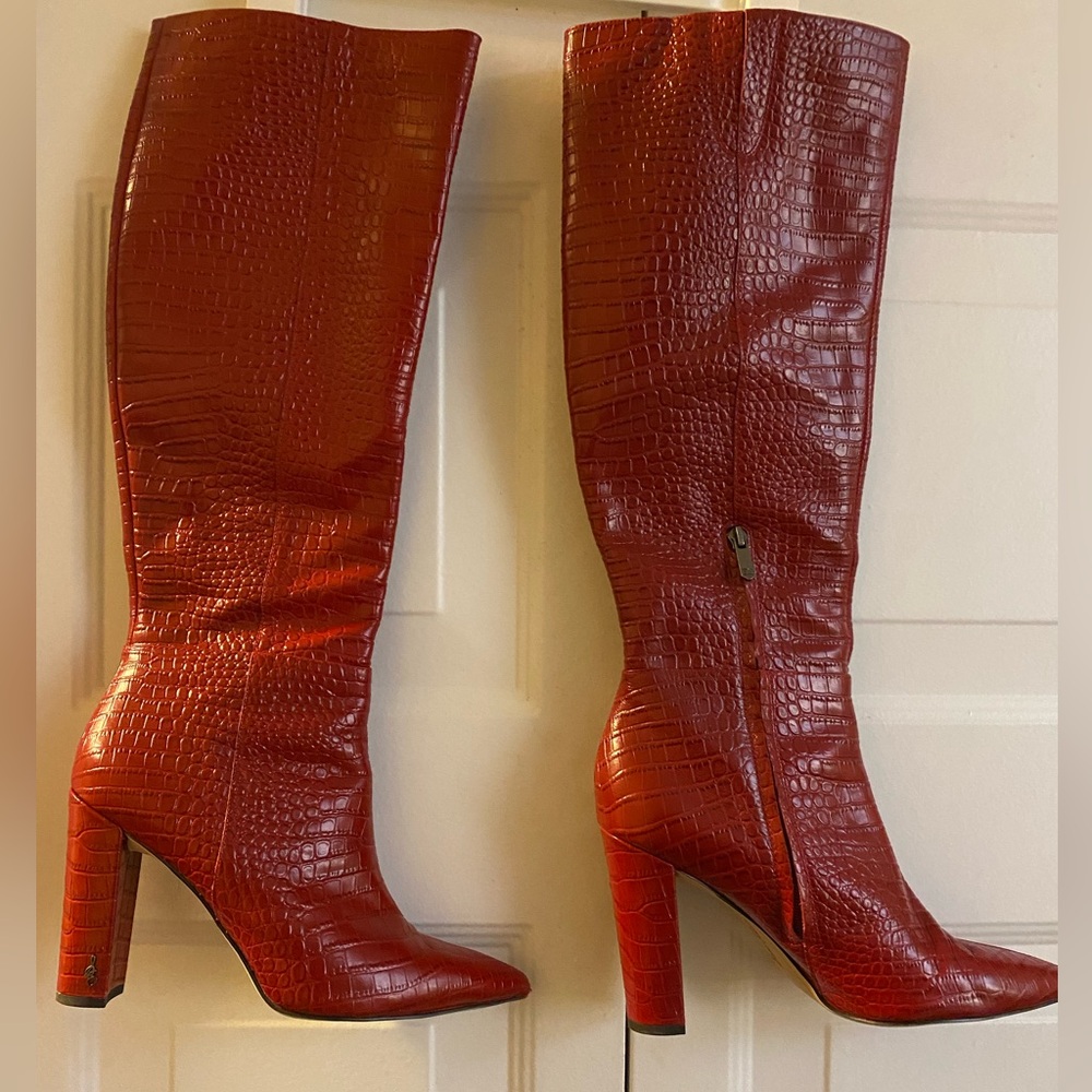 Sam Edelman Burgundy Croc-Embossed Heeled Boots